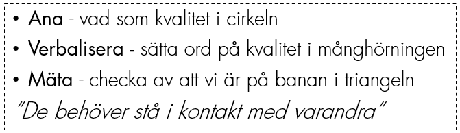 Ana - vad som kvalitet i cirkeln Verbalisera - sätta ord på kvalitet i månghörningen Mäta - checka av att vi är på banan i triangeln ”De behöver stå i kontakt med varandra”
